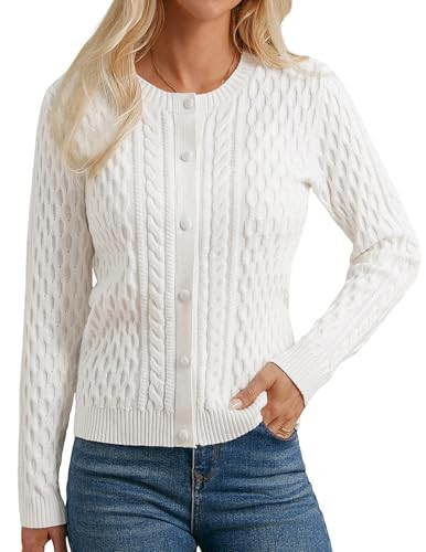 GRACE KARIN White Cable Cardigan for Women Dressy Casual, Knit Open Front Sweater, Crewneck Soft Outwear L | Amazon (US)