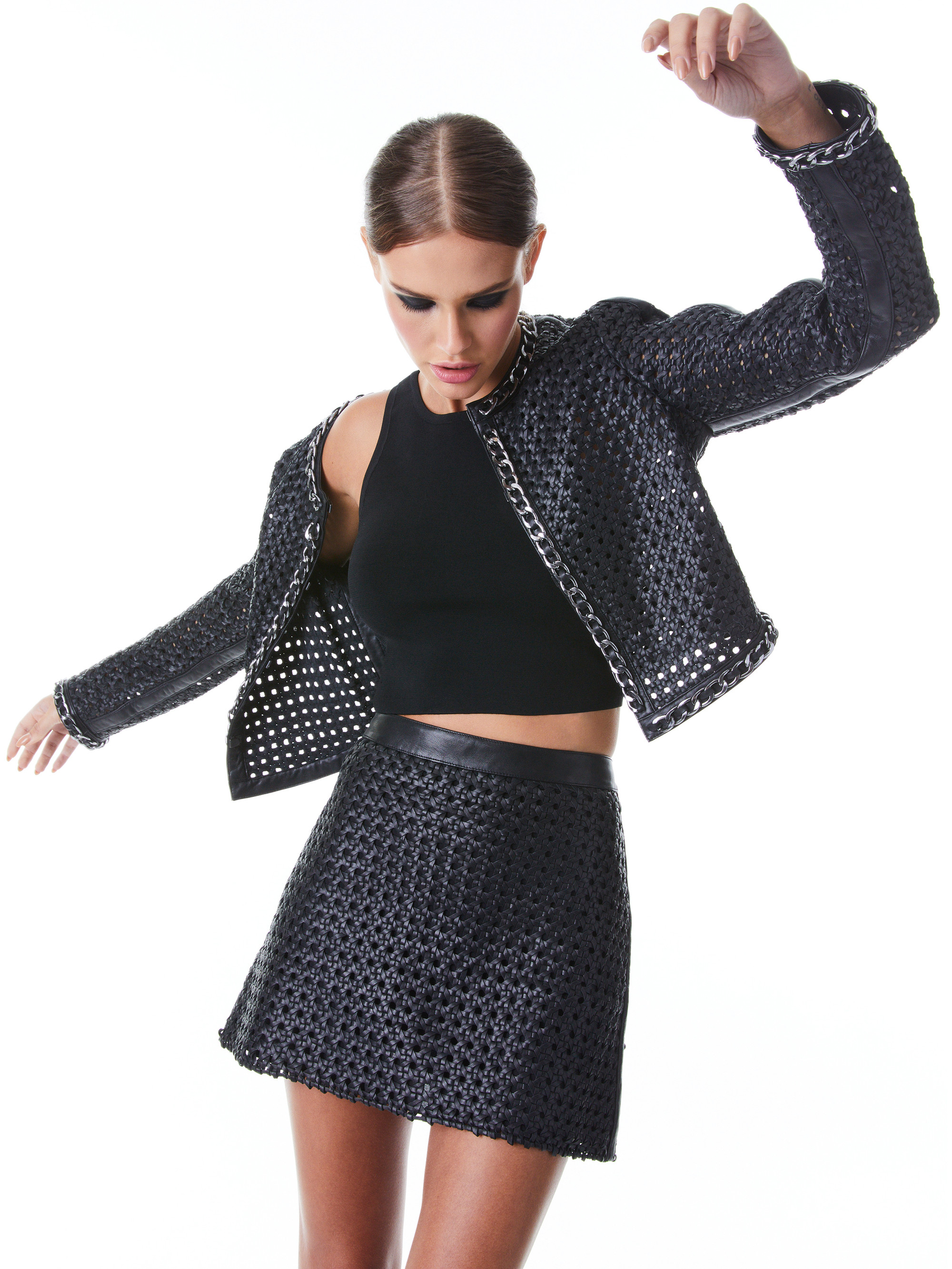 BRIXTON LEATHER CROPPED JACKET + RILEY A-LINE LEATHER MINI SKIRT | Alice + Olivia