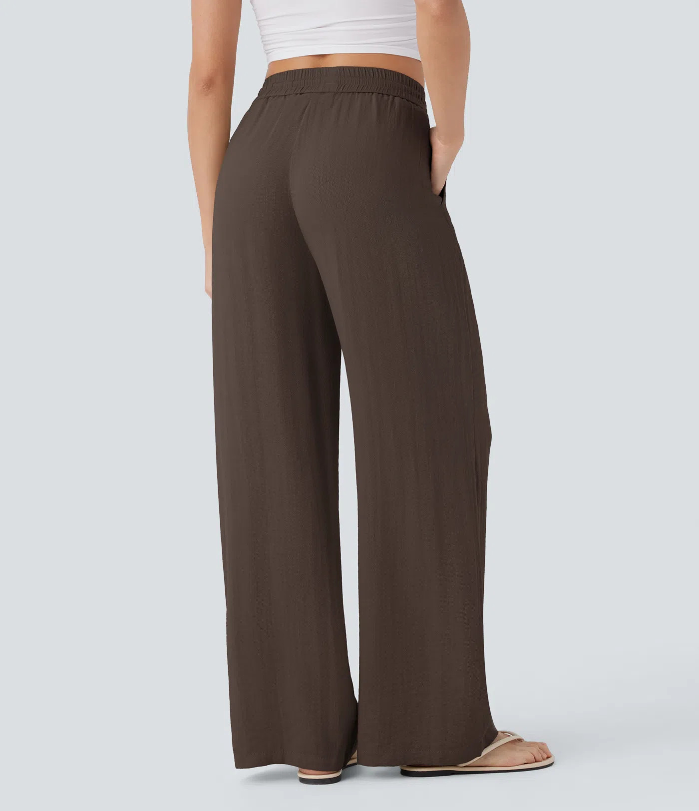 Women’s High Waisted Drawstring Pocket Wide Leg Baggy Casual Linen-Feel Pants - Halara | HALARA