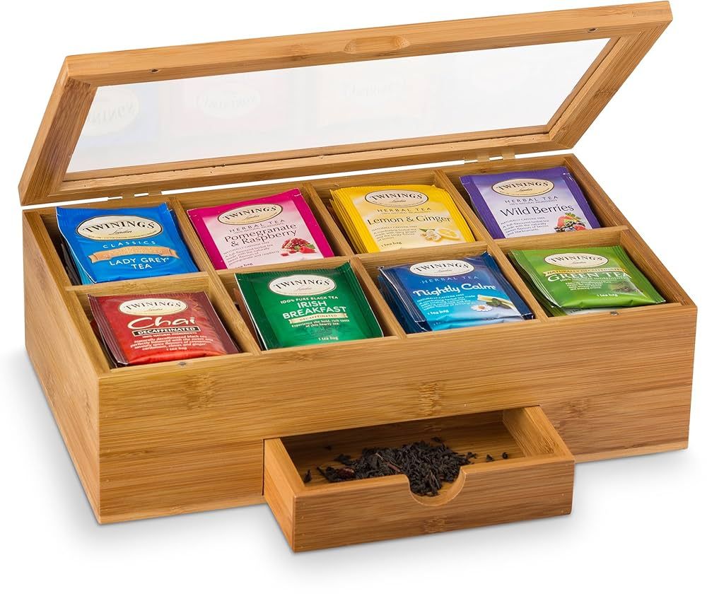 Bambüsi Tea Bag Organizer - Tea Organizer: Wooden Tea Box with 8 Compartments, Acrylic Window, a... | Amazon (US)