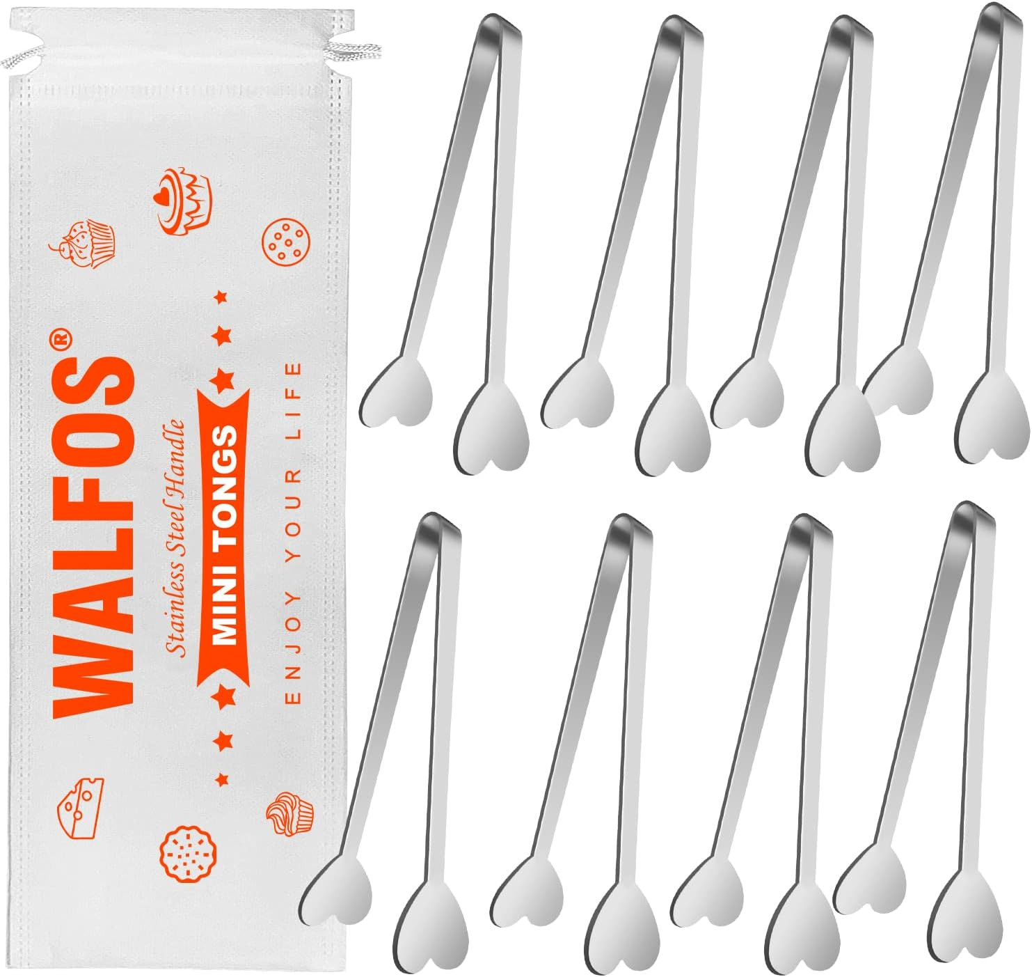 Walfos Mini Tongs, 8PCS Stainless Steel Small Tongs 5Inch Heart Shape Serving Tongs, Small Kids T... | Amazon (US)