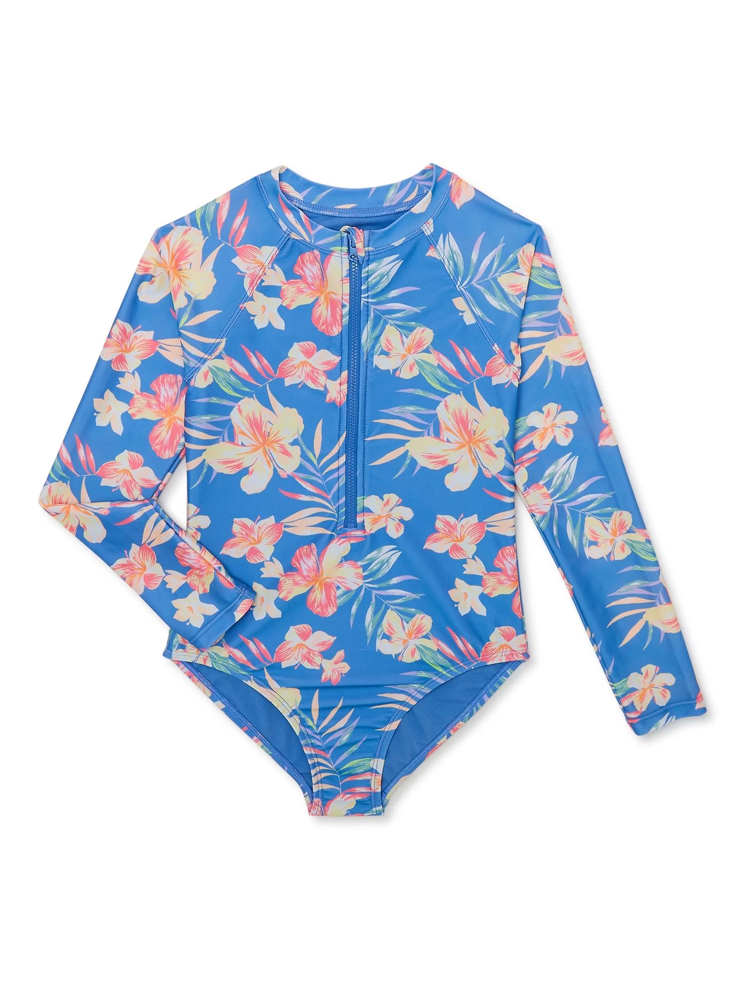 Wonder Nation Girl's Long Sleeve Front Zip Hibiscuc Swimsuit, 1-Piece, Sizes 4-18 & Plus | Walmart (US)