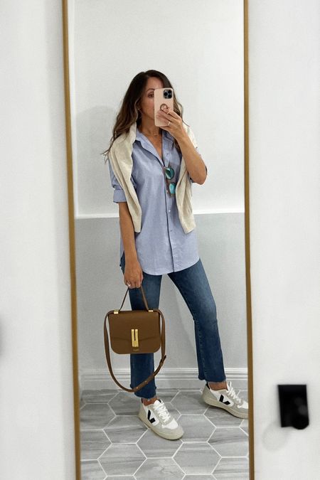 Jeans tts. I sized up in the button down for a roomier fit but my size would have been great too since it is a relaxed fit shirt. Necklace in the reel is from Oma The Label - can’t link it. But Madewell one that is linked is similar  

#LTKsalealert #LTKstyletip #LTKshoecrush