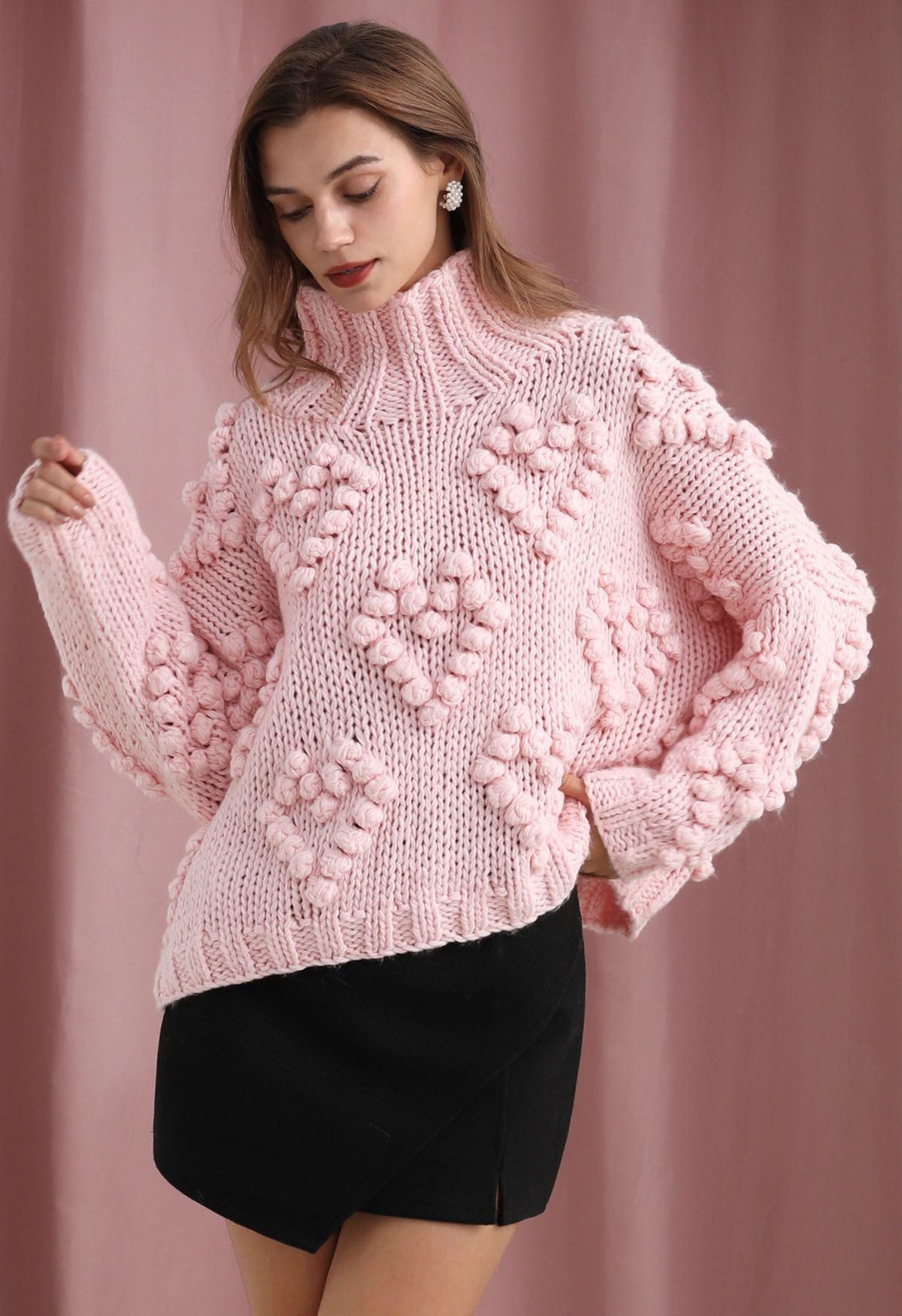 Knit Your Love Turtleneck Sweater in Pink for Winter Dates & Holiday Gatherings | Chicwish