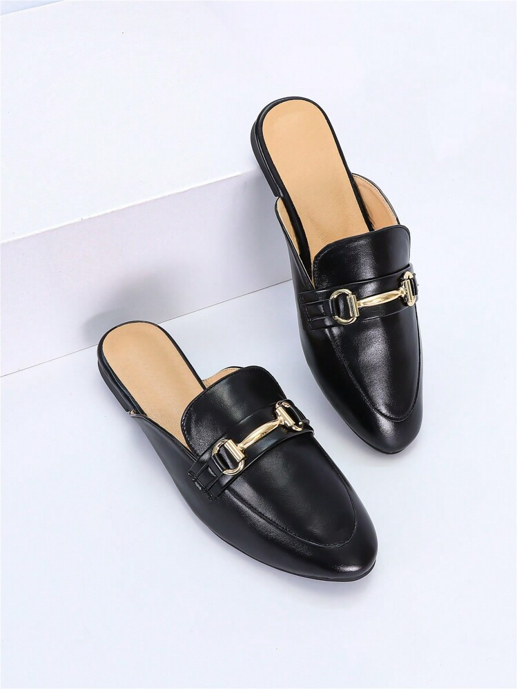 Women's Soft Leather Elegant Loafers With Metal Decoration And Slip-On Mules | SHEIN