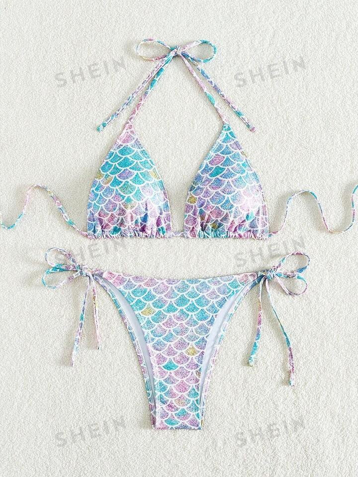 SHEIN Swim Summer Beach Mermaid Scale Triangle Cup Halter Neck Swimsuit Set Music Festival | SHEIN