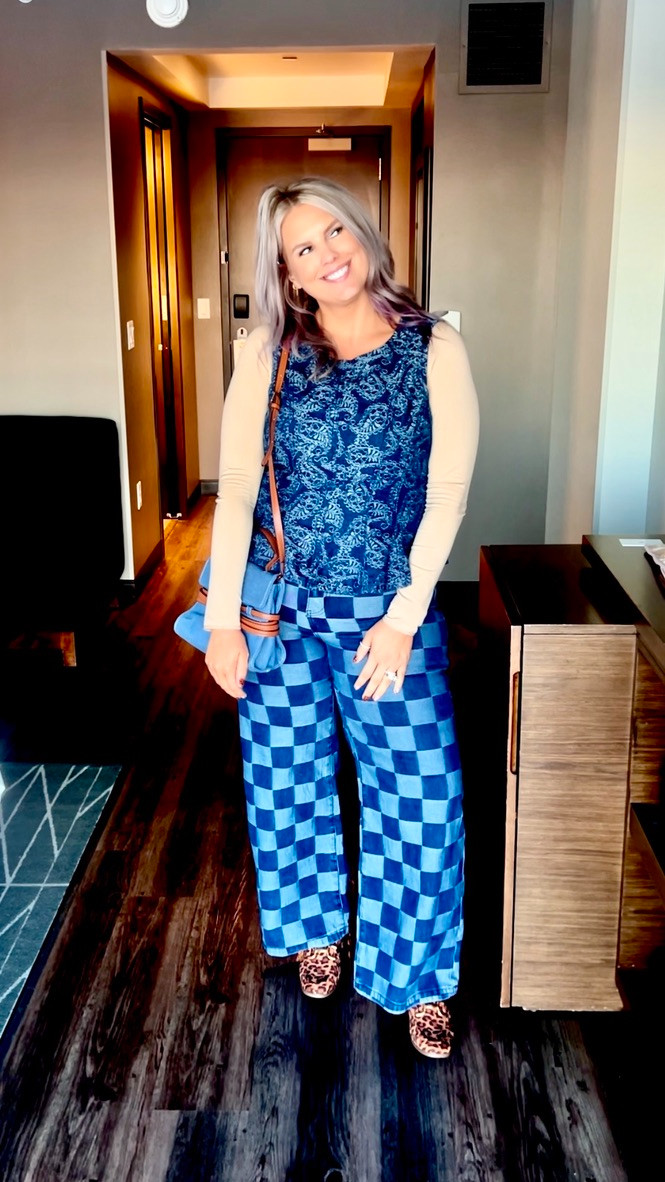 Styling these incredibly fun checkered pants two completely different ways!! Which look did you like more? 💙🩵 

 

 #LTKootd #LTKOver40 #LTKMidsize