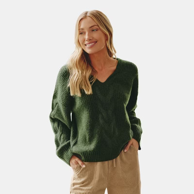 Women's Cozy Olive Green Cable Knit V-Neck Sweater - Cupshe-S-Green | Target