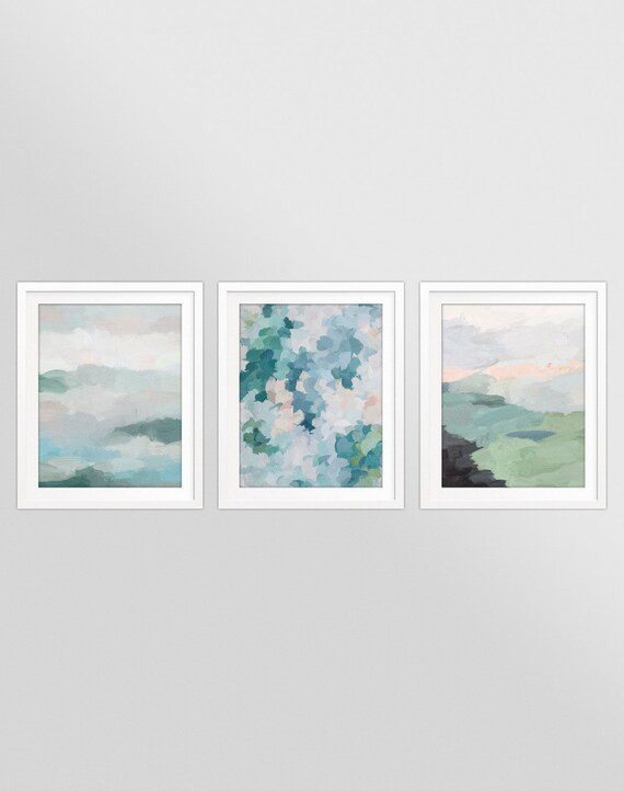 Set of 3 Green Mint Aqua Blue Blush Pink Abstract Nature Floral Wall Art, Printable Art, Painting... | Etsy (US)