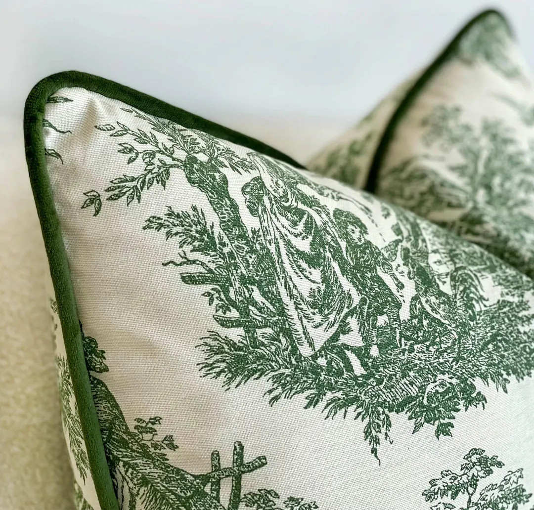 Green Toile Pillow Cover With Trim - French Country Pillow Green Linen Toile Fabric, Decorative T... | Etsy (US)