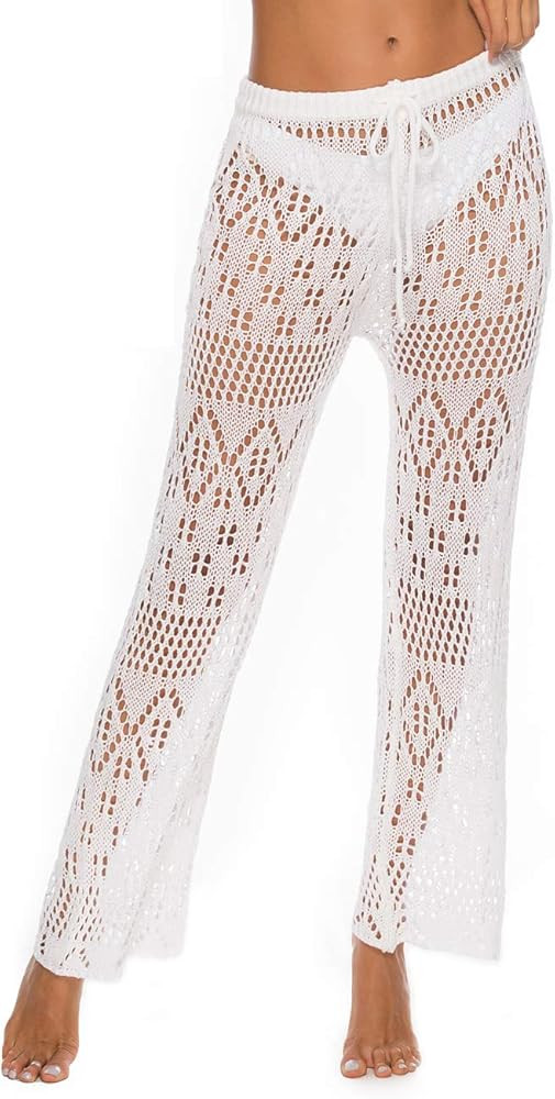 Womens Cover Up Pants Sexy Hollow Out Crochet High Waist Mesh Beach Bikini Swimsuits Pants | Amazon (US)