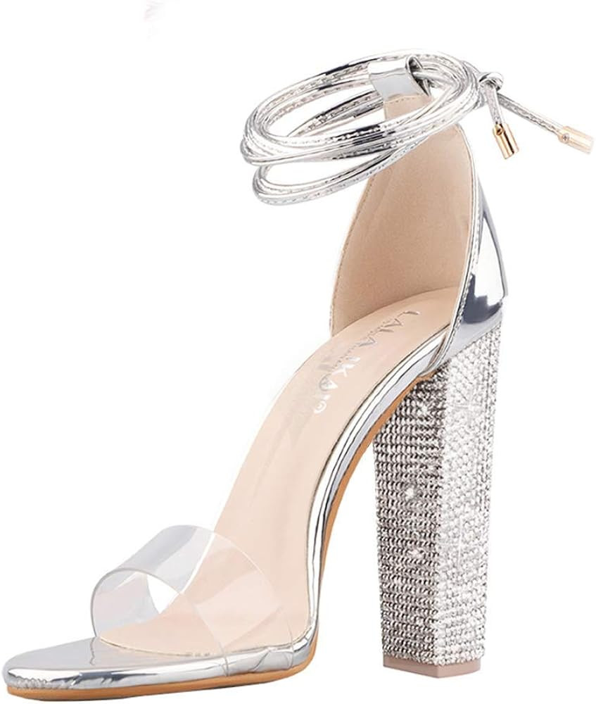 LALA IKAI Women’s Gold Rhinestone High Heels Sandals Ankle Strappy Clear Chunky Heels Dress Sho... | Amazon (US)