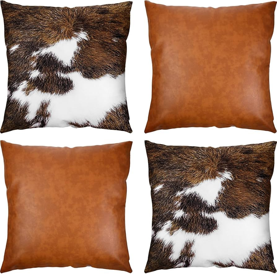 Western Pillow Covers 18 x 18 Set of 4, Faux Leather Throw Pillow Covers and Cowhide Accent Print... | Amazon (US)