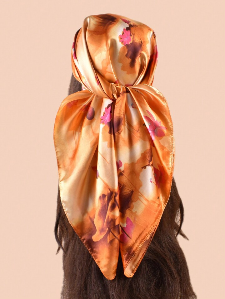 Elegant & Artistic Lotus Pattern Printed Women's Square Scarf, Made Of Faux Silk, Casual Sunscreen Headscarf Bandana,Hair Band,Head Band Ideal For Dressing Up Your Look | SHEIN