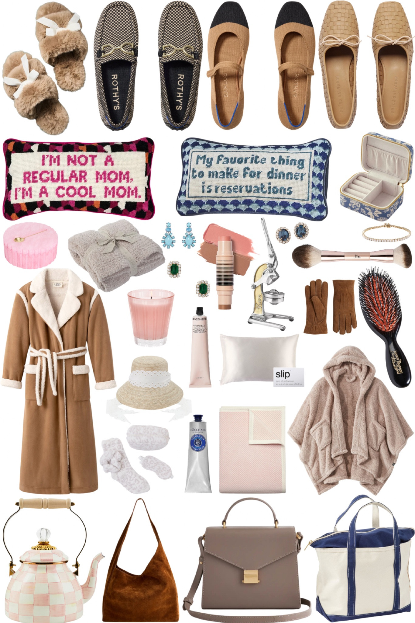 Gift guide for mom! Ballet flats from Rothy’s, Mary Janes, shoes, slippers, loafers, bows, Ugg robe, furbish studio needlepoint pillows, ll bean boat and tote bag, throw blanket, barefoot dreams, hand cream, bath salts, sun hat, dibs brush, jewelry travel case, mason Pearson, juicer, gloves, purse, suede bag

#LTKHoliday #LTKGiftGuide #LTKSeasonal