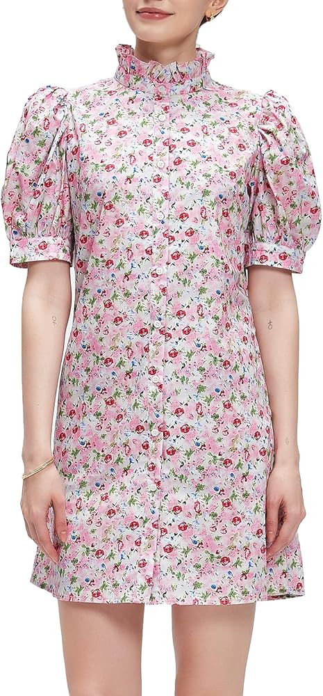 Ladyful Women's Summer Floral Dress Short Sleeve Button Down Shirt Mini Dress Ruffle Mock Neck Sh... | Amazon (US)