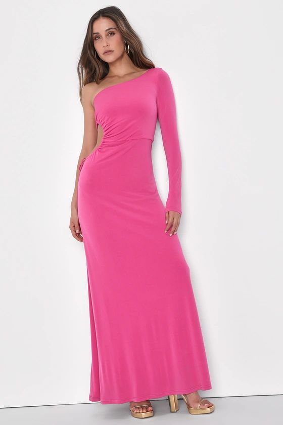 Sweet Flirt Pink Long Sleeve One-Shoulder Cutout Maxi Dress | Lulus (US)