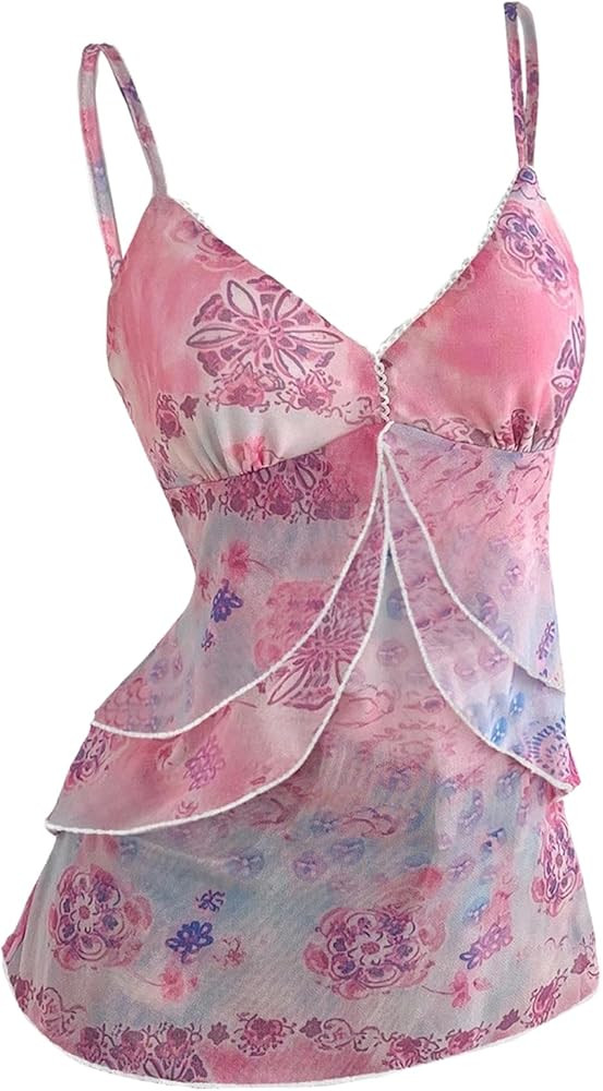 Verdusa Women's Y2k Mesh Tank Top Babydoll Floral Camisole 2000s Clothing Ruffle Going Out Tops W... | Amazon (US)