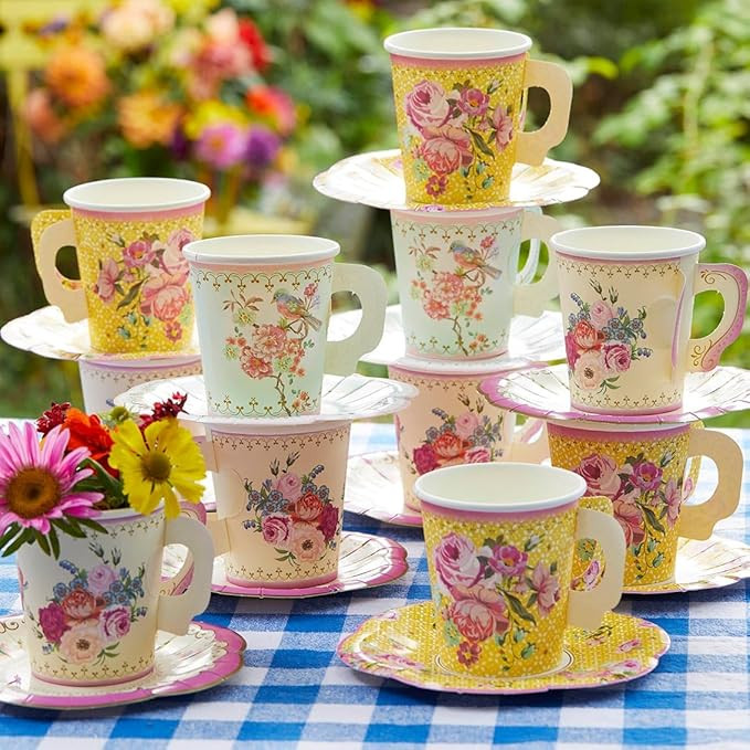 Talking Tables 24 x Vintage Floral Paper Tea Cups & Saucer Set, Disposable Tea Cups for Afternoon... | Amazon (US)