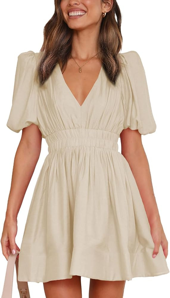 Women 2025 Summer Mini Dress Puff Short Sleeve Sexy V Neck A Line Elastic High Waist Flowy Swing ... | Amazon (US)