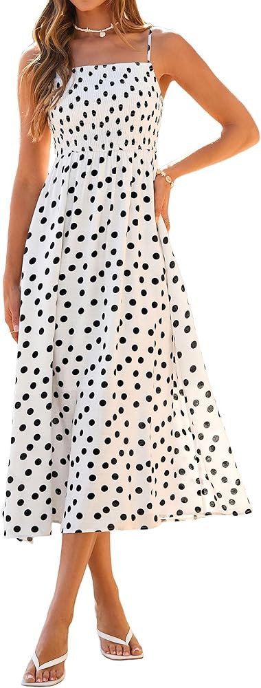 Simplee Womens Spaghetti Strap Maxi Dress Summer Casual Boho Smocked Flowy Long Sundress Beach Va... | Amazon (US)