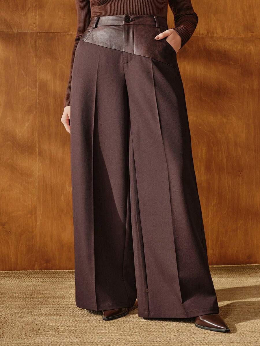 Anewsta Plus Size Women's Fashionable Leather Patchwork Wide Leg Pants, High-Waisted Slimming Des... | SHEIN