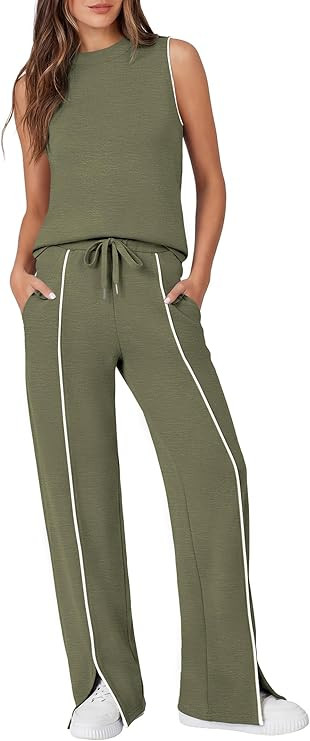 Casly Lamiit Two Piece Set for Women Summer Outfits Mock Neck Sleeveless Tank Top Wide Leg Pants ... | Amazon (US)