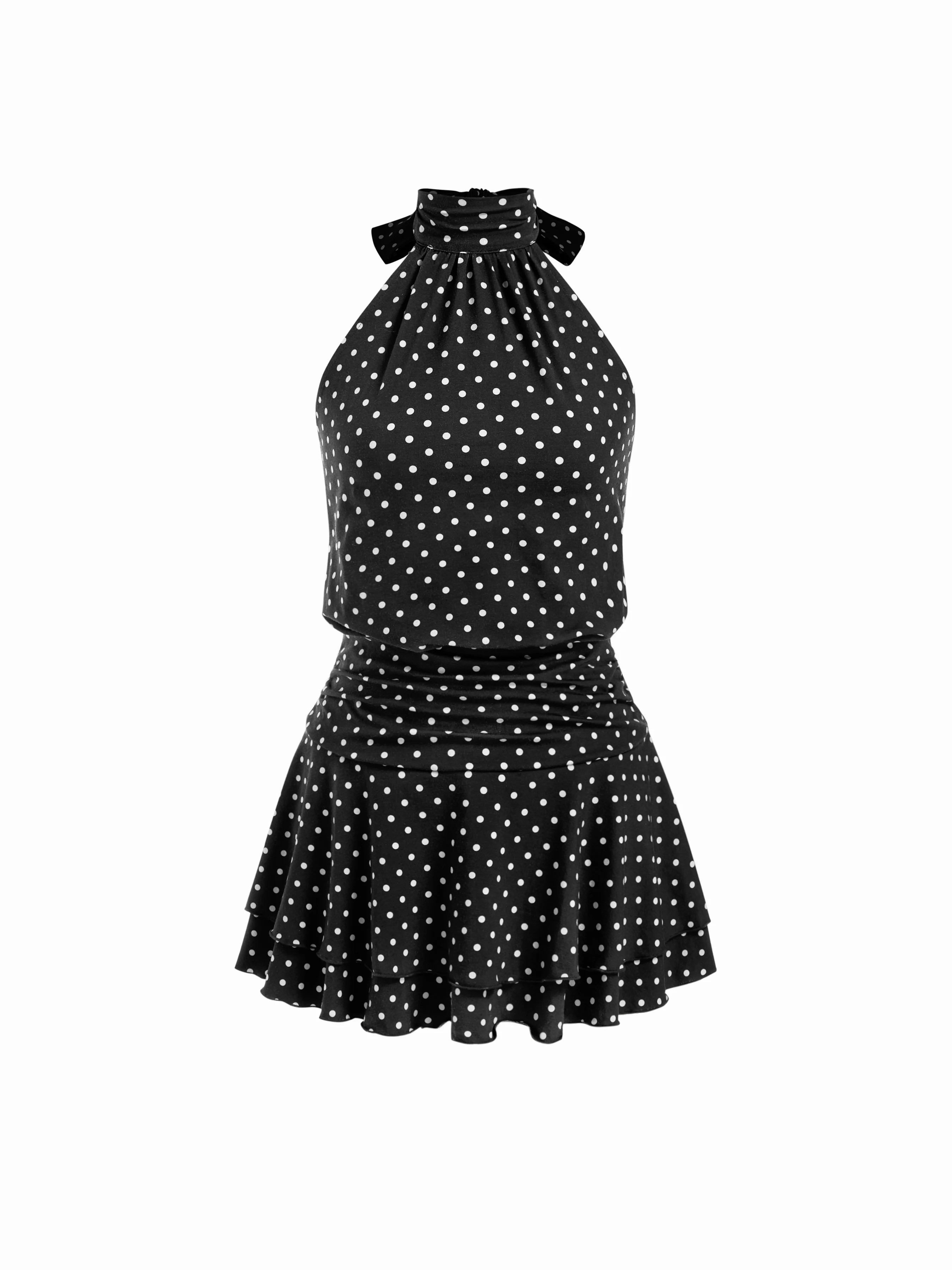 Chiffon Polka Dot Halter Neckline Ruffled Tie Back Mini Dress | Cider
