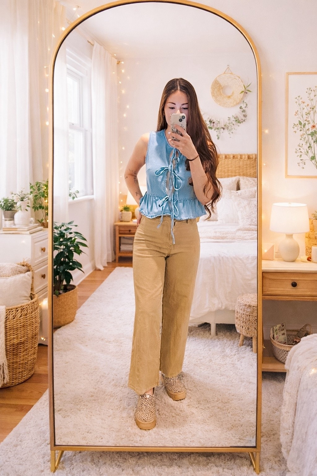 Casual-chic vibes ✨ | Denim tie-front top paired with brown corduroy pants for a cozy yet stylish look. Loving these cheetah print shoes to add a fun statement! Perfect for brunch, weekend outings, or everyday style. #LTKStyle #LTKCasual #DenimTop #CorduroyPants #CheetahPrintShoes #OOTDInspo #EffortlessStyle #WeekendOutfit #FallFashion #TrendyLooks #StatementShoes

#LTKmomlife #LTKootd #LTKSpringSale