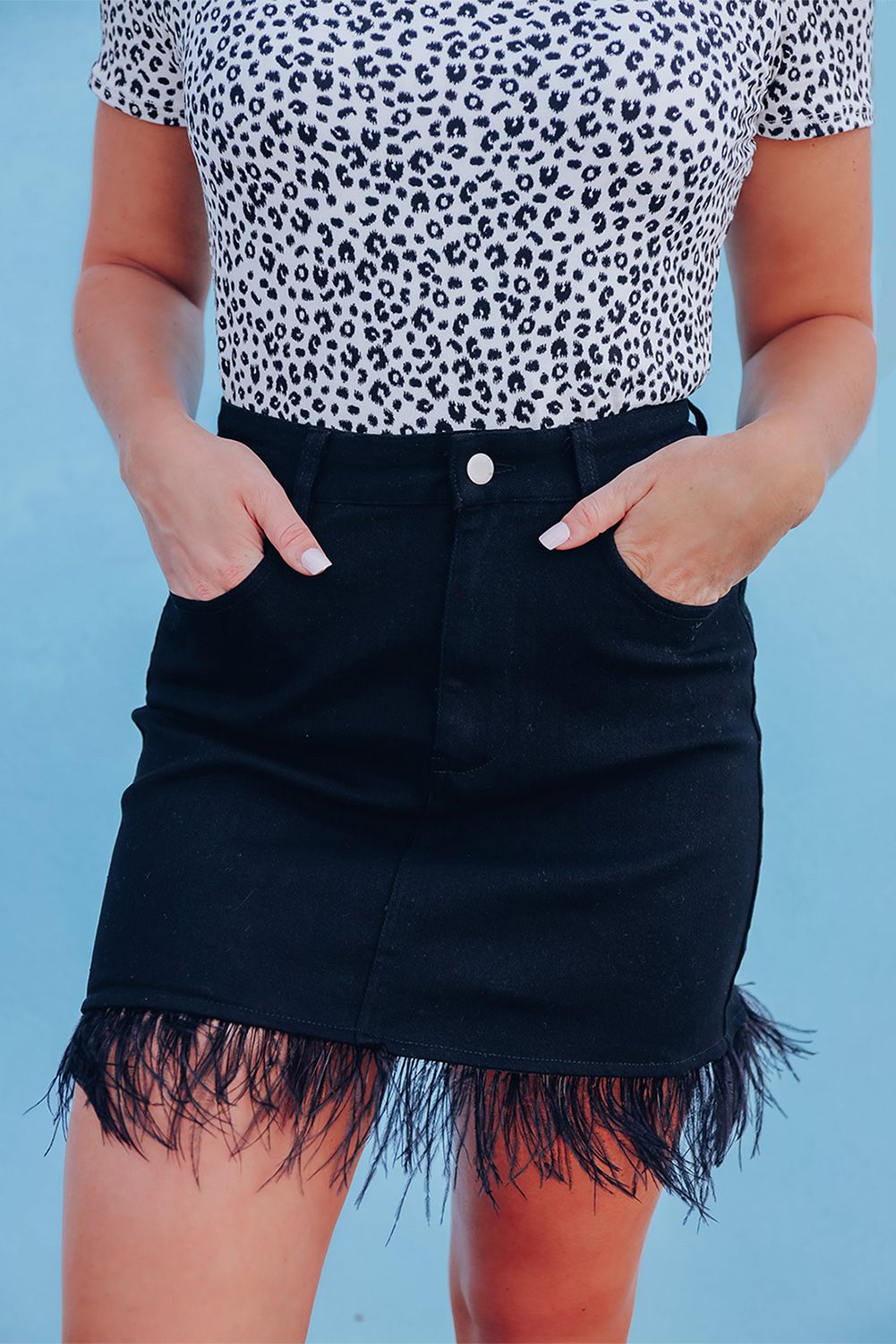 Black Feather Hem High Waisted Mini Skirt for Women | Shewin