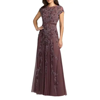 Mac Duggal Floral Embellished Short Sleeve Mesh Gown in Sky Blue at Nordstrom, Size 6 | Nordstrom