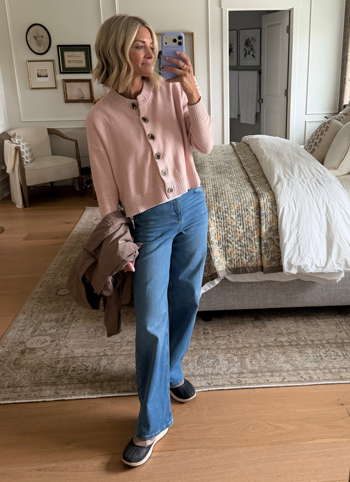 Rainy day fit check! Wearing my normal size small in this cute chunky button sweater! And 25 in these comfy denim!

#LTKOver40 #LTKootd
