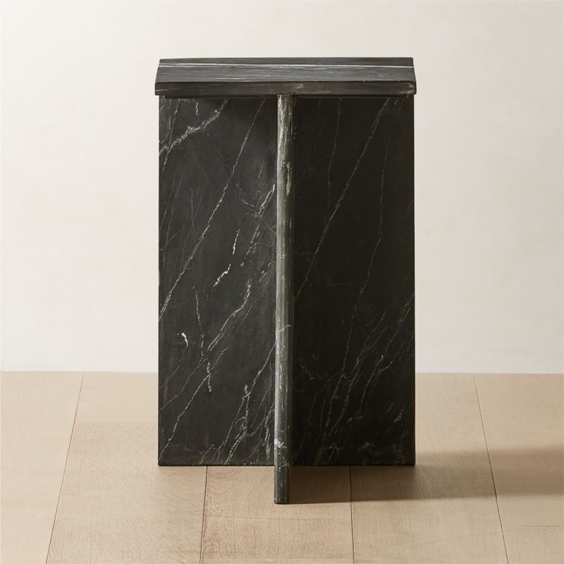 Tall Modern Black Marble Side Table with T-Shaped Base + Reviews | CB2 | CB2