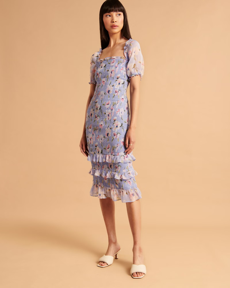 Smocked Puff Sleeve Midi Dress | Abercrombie & Fitch (US)