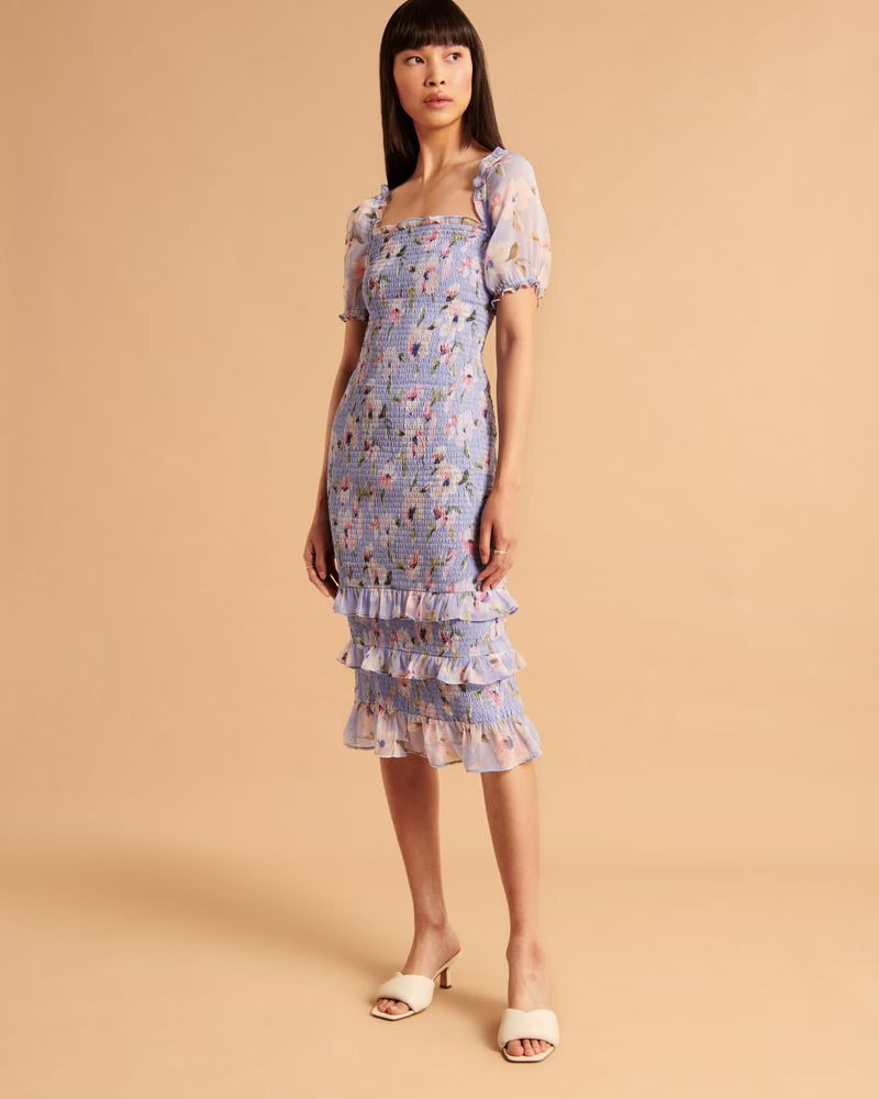 Women's Smocked Puff Sleeve Midi Dress | Women's Best Dressed Guest Collection | Abercrombie.com | Abercrombie & Fitch (US)