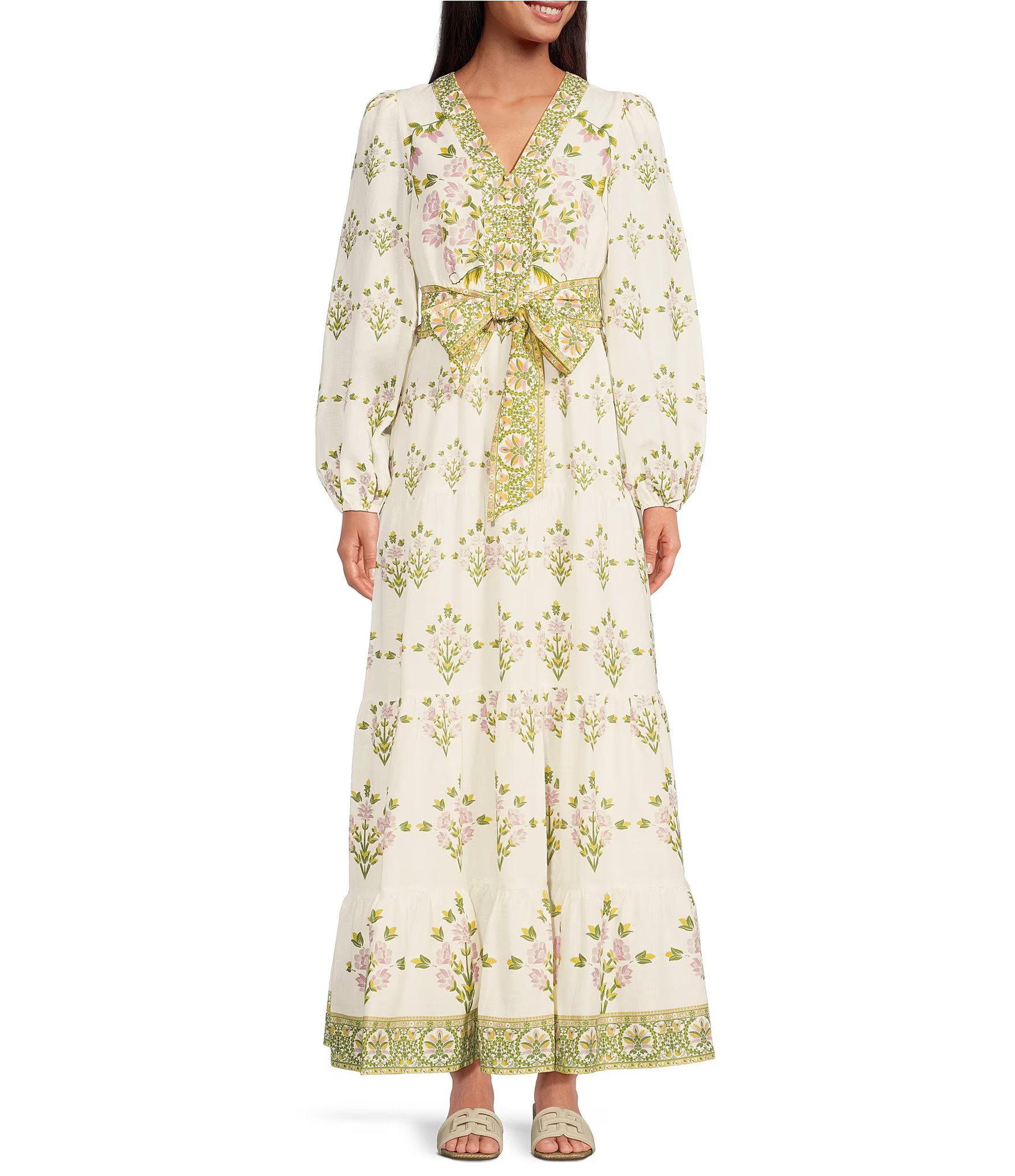 A Loves A Floral Printed Long Sleeve V-Neck Self Tie Maxi Dress | Dillard's | Dillard's