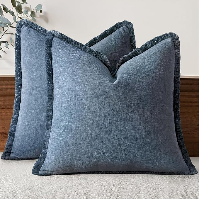 MIULEE Decorative Throw Pillow Covers Neutral Linen Fringe Throw Pillows Set of 2 Blue Ashes Boho... | Amazon (US)