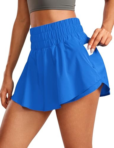 CRZ YOGA Ruffle Skirt Overlay Athletic Shorts for Women - High Waisted Flowy for Workout Running Tennis with Zip Pocket Sparkle Blue Medium | Amazon (US)