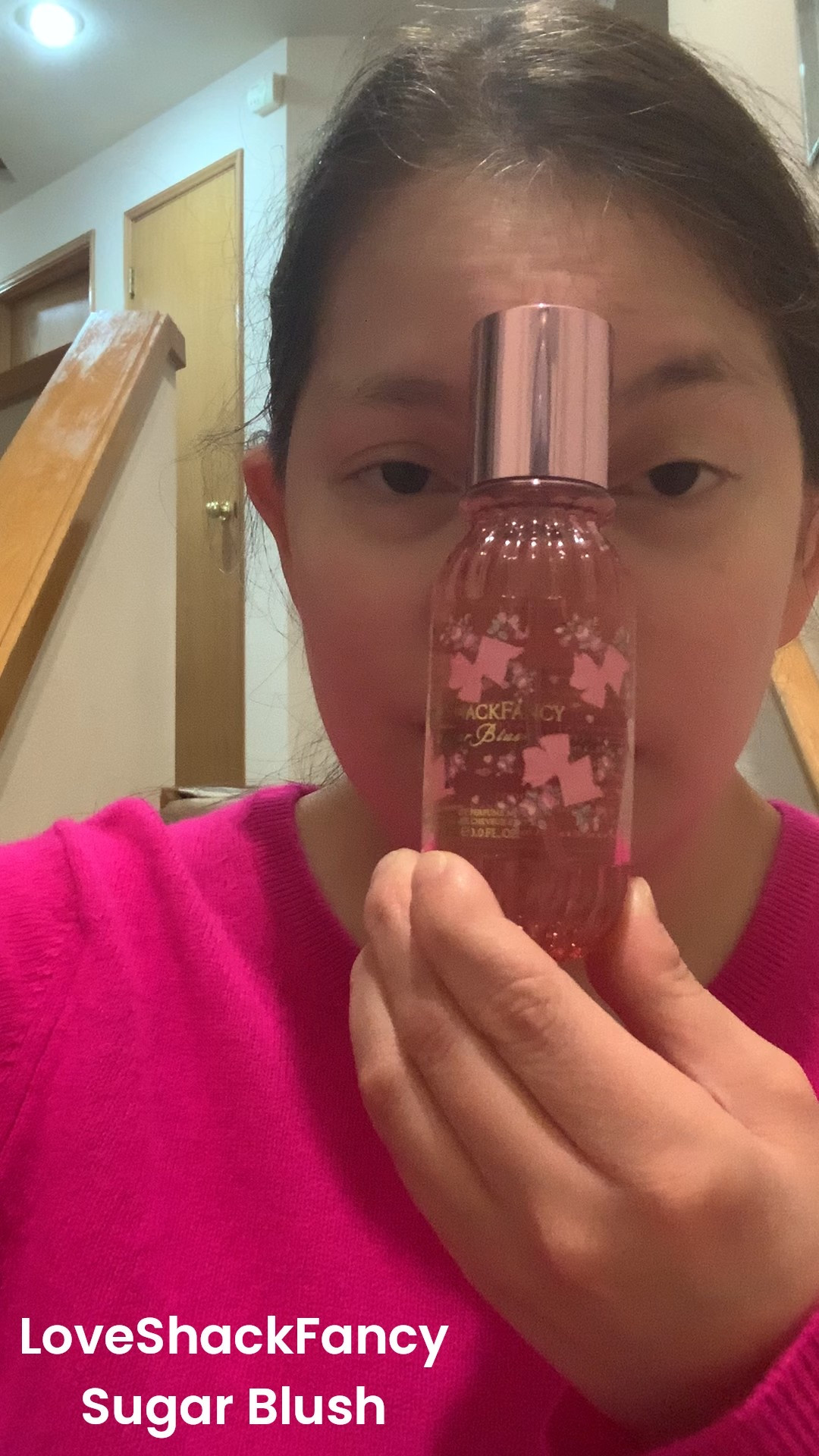 This is the LoveShackFancy Sugar Blush Hair and Body Perfume. It has notes of Passion Fruit, Pink Rose 🌹 and Pink Sugar or Vanilla. It smells so good 😊 It is a great gift idea for anyone who loves vanilla, pink rose and passion fruit and who loves different scents. 

#LTKBeauty #LTKHoliday #LTKGiftGuide