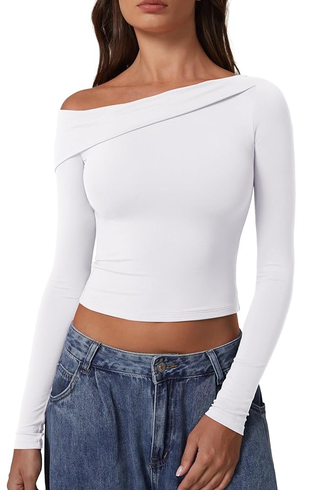 QINSEN Women Long Sleeve Off Shoulder Tops Trendy Double Lined Going Out Shirt for Fall | Amazon (US)