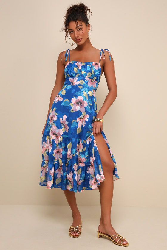 Tea Party Chic Blue Floral Print Tie-Strap Tiered Midi Dress | Lulus
