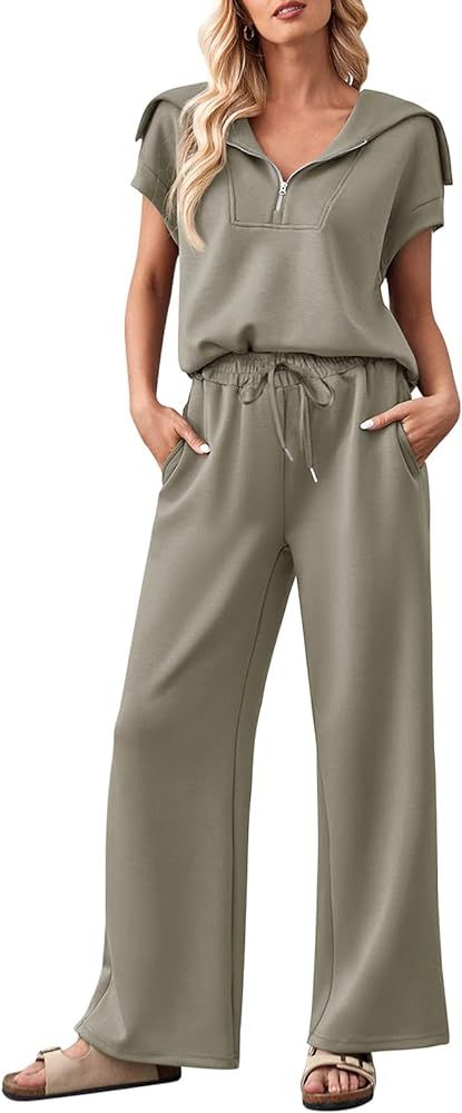 Women 2 Piece Outfits Sweatsuit Set Half Zip Lapel Collar Short Sleeve Sweatshirt Wide ... | Amazon (US)
