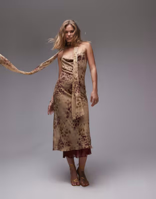 Topshop cowl maxi slip dress in oxblood animal print | ASOS (Global)