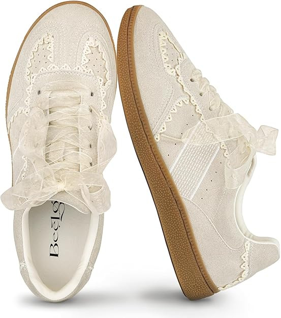 Casual Sneakers for Women Lace Detail – Elegant Ribbon Lace-Up Fashion Sneakers with Leather Up... | Amazon (US)