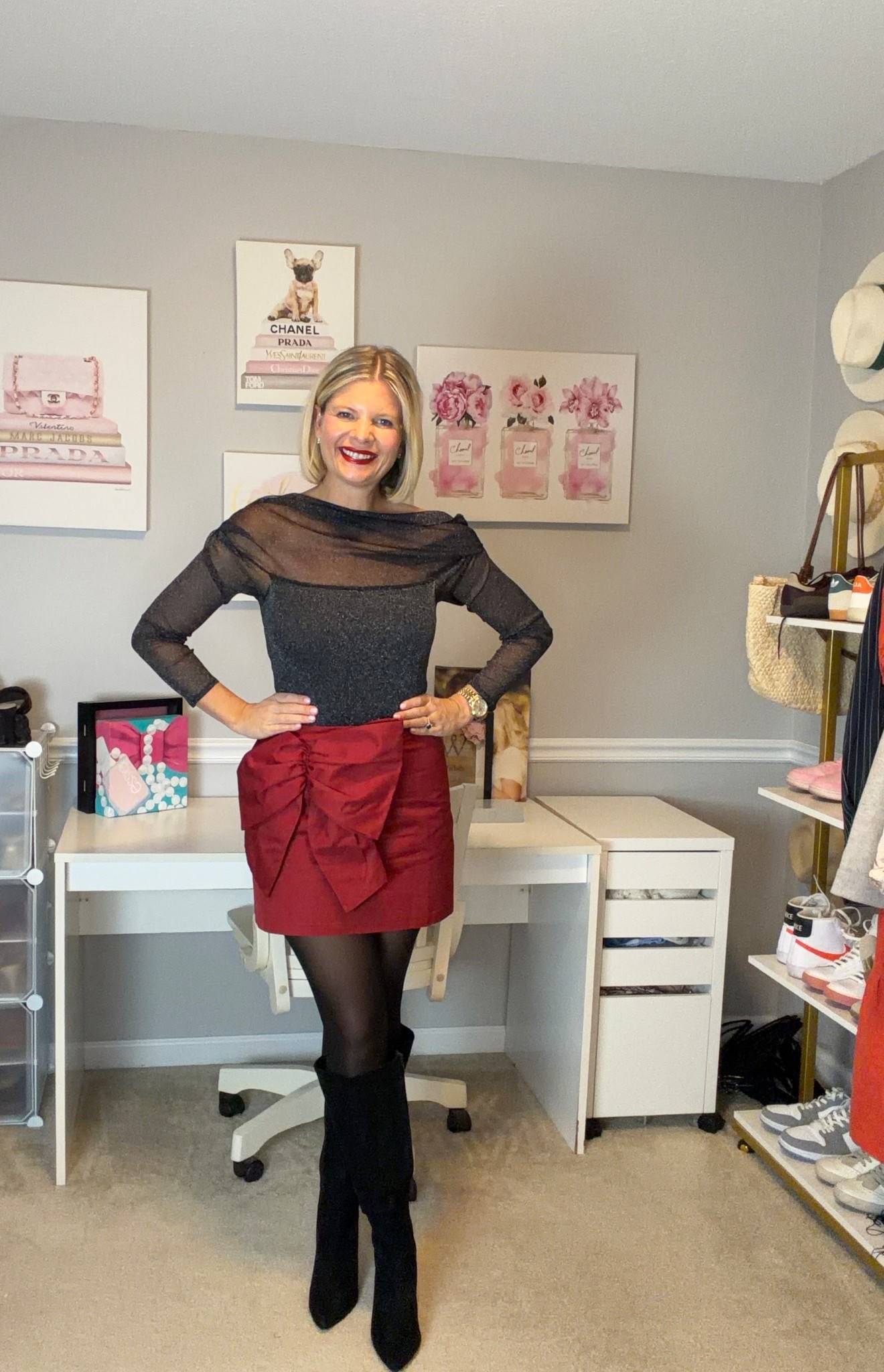 Red satin mini skirt TTS
Black suede boots run 1/2 size small
Off the shoulder black sheer top TTS

#LTKHoliday #LTKMidsize