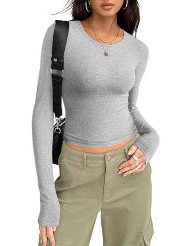 Zeagoo Scoop Neck Long Sleeve Top Tight Fitted Going Out Crop Tops Basic Tee Y2k Outfits Womens Long Sleeve T Shirts Grey | Amazon (US)