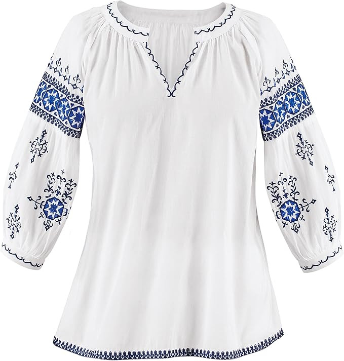 Collections Etc Embroidered Split V-Neck & 3/4 Bell Sleeve Top | Amazon (US)