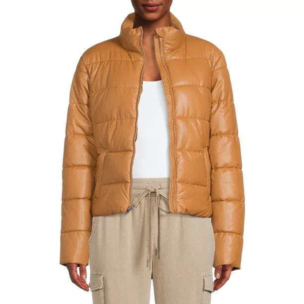 Time and Tru Women's and Plus Faux Leather Cropped Puffer Jacket - Walmart.com | Walmart (US)