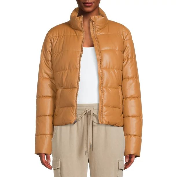 Time and Tru Women's Faux Leather Cropped Puffer Jacket - Walmart.com | Walmart (US)