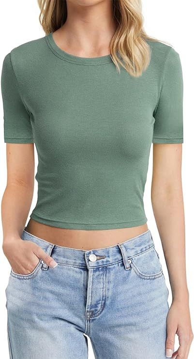 Tankaneo Womens Short Sleeve Crop Tops Ribbed Slim Fit Cropped T-Shirts Going Out Y2K Workout Shi... | Amazon (US)